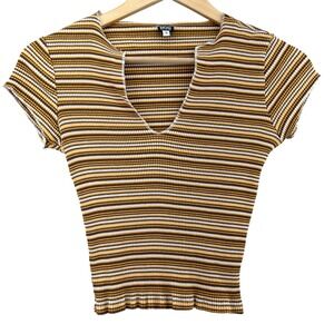 BDG Urban Outfitters 90s Inspired Brown Striped Ribbed Notched V-Neck Top Small
